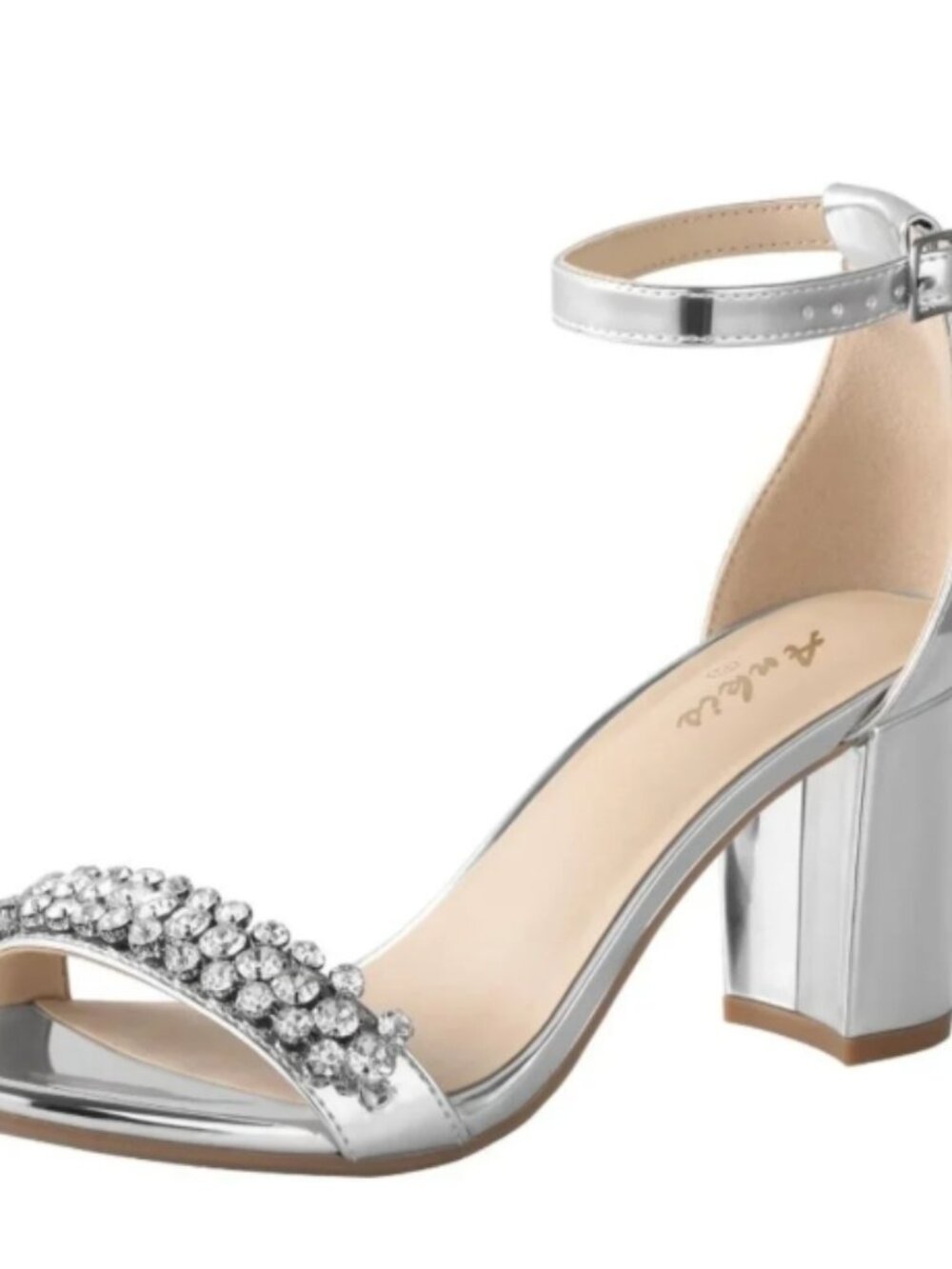 Silver Rhinestone Chunky Heels Open Toe Ankle Strap Party Guest Wedding Sandals